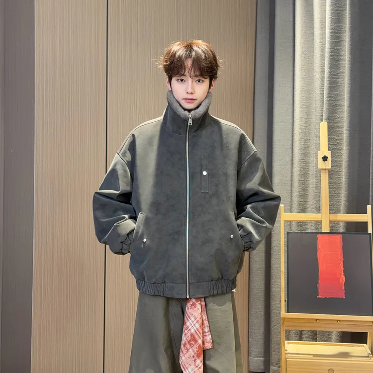 MANRE SHOW冬季加绒双色银狐绒皮夹克潮流显瘦美式保暖座山雕外套