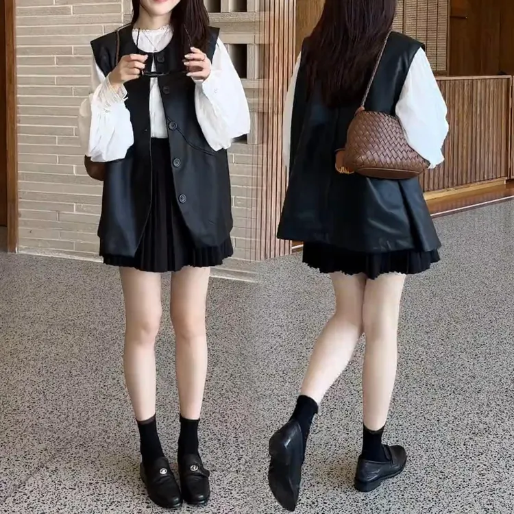 欧货宽松洋气大版黑色皮衣马甲外套女春秋新款设计感小众马夹