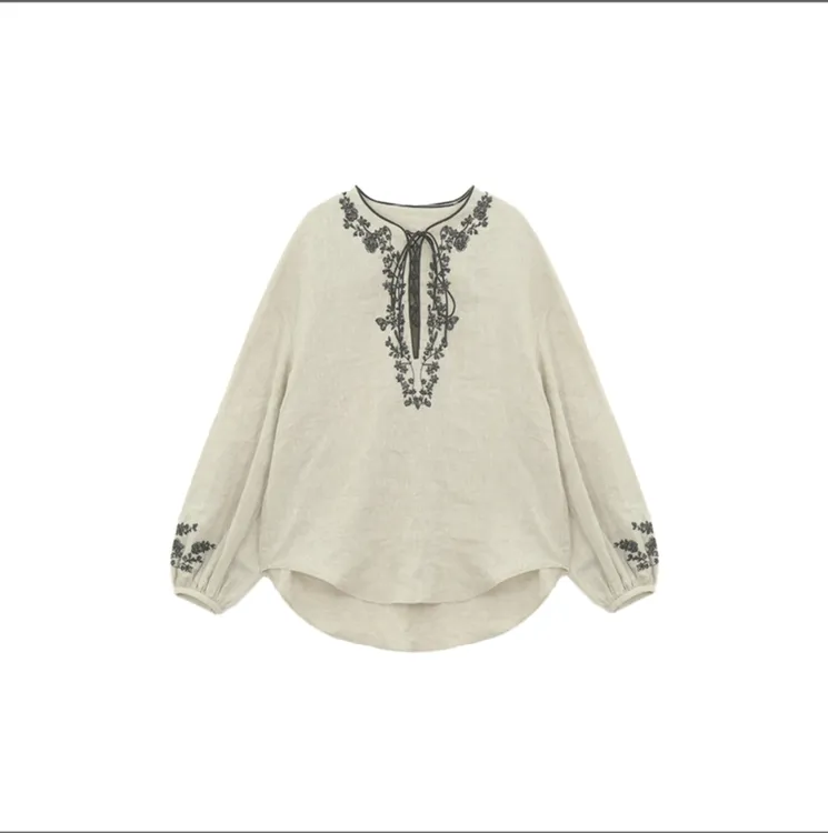 陈妍君【钉珠定位刺绣度假风系带长袖衬衫】 CYJ-JJ234-1547