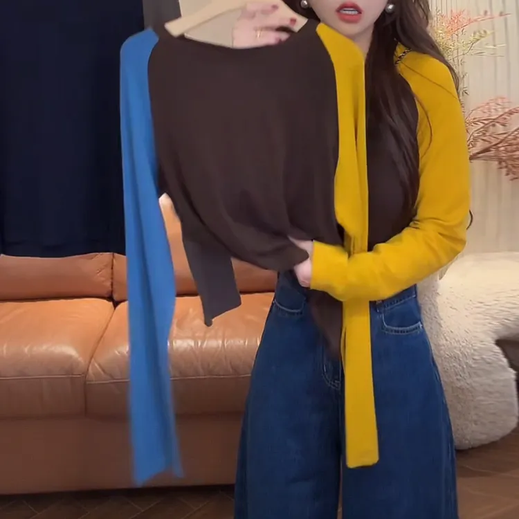 今年流行小众女装韩系拼接显瘦百搭长袖打底衫上衣洋气减龄显瘦
