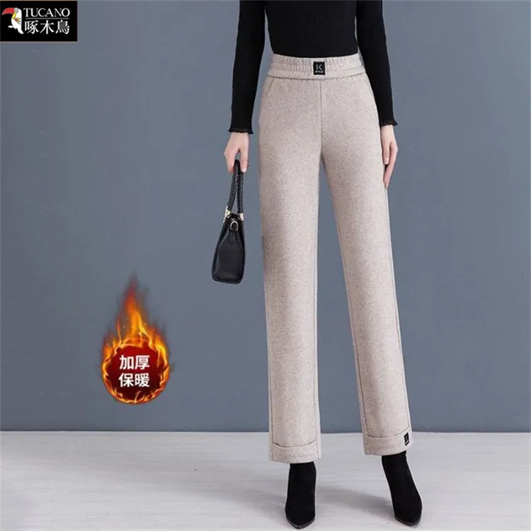 啄木鸟冬季加绒加厚拼接直筒裤2025年新款九分裤女宽松显瘦休闲裤