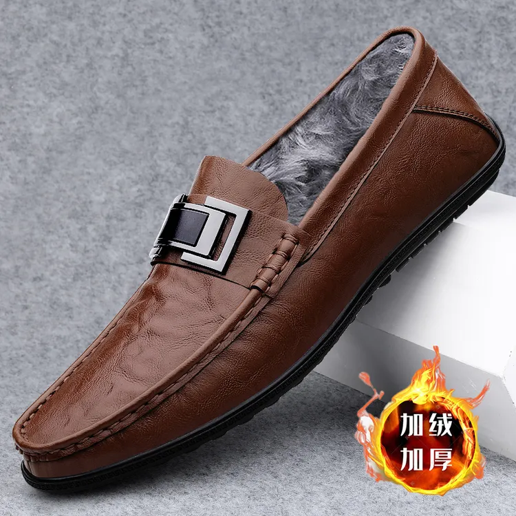 男士豆豆鞋秋冬加绒保暖男款软底休闲鞋百搭一脚蹬英伦商务皮鞋子