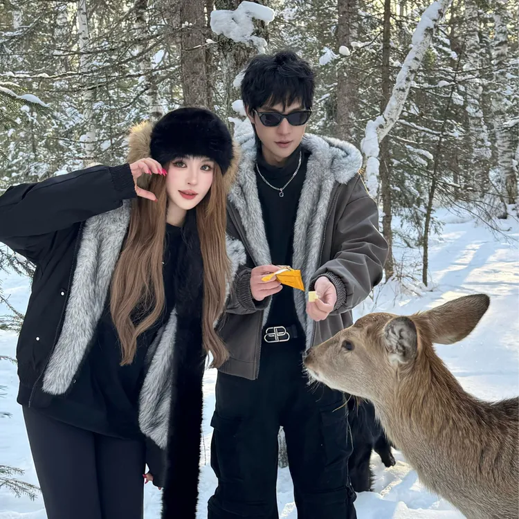 美式高街狼毛座山雕外套棉服男女冬季加绒加厚毛领连帽派克服棉衣