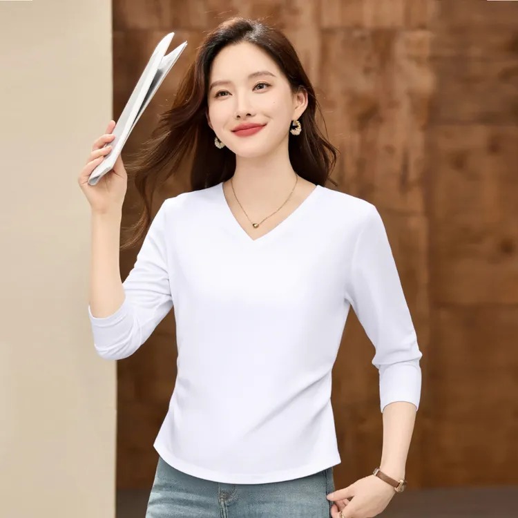 白色V领长袖T恤2025年秋季爆款女装遮肚子显瘦百搭打底衫正肩上衣