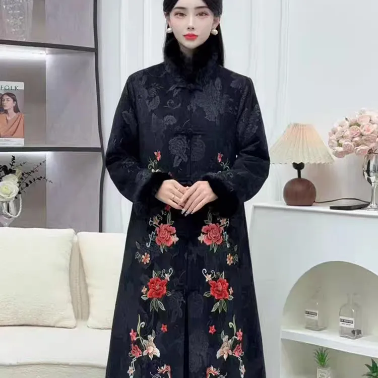 中式刺绣长款秋冬加厚雪尼尔夹棉外套