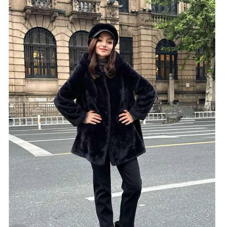 人造皮草 MUBINE 新款高贵百搭中长款时尚连帽环保皮草外套 25287