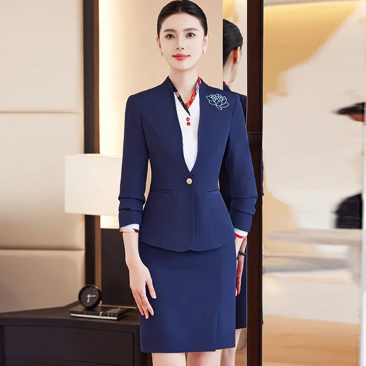 职业装西装套装女春秋冬酒店前台接待工作服中式茶餐厅服务员工装