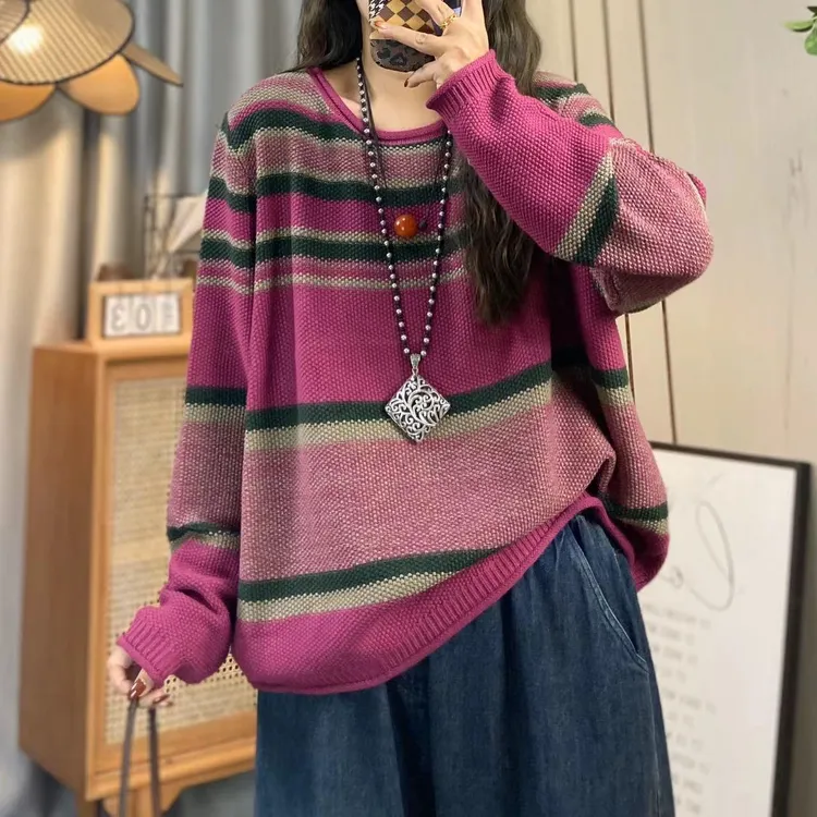 秋冬宽松慵懒撞色条纹长袖针织打底衫女2025休闲百搭柔软弹性上衣