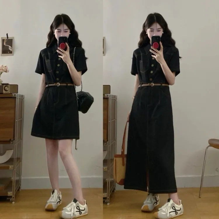 MO88ZSPF大码夏季薄款复古收腰显瘦牛仔连衣裙高级感洋气长短裙子