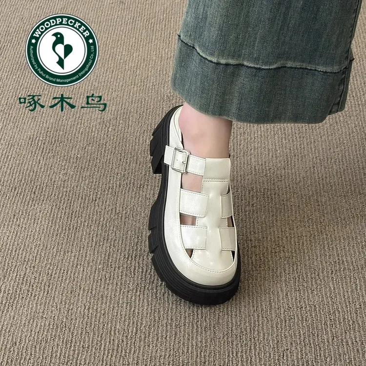 啄木鸟厚底7CM罗马凉鞋女2025夏季新款镂空增高猪笼包头沙滩凉鞋