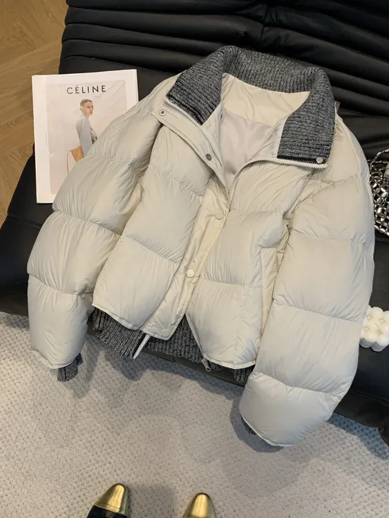 高端欧货冬季2025新款女设计感针织假两件立领设计感短款棉服外套