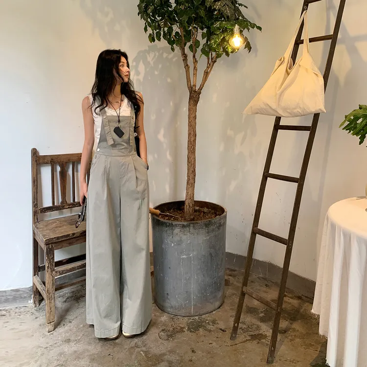 2025秋装春季新款韩系灰色连体工装休闲背带宽松阔腿裤女