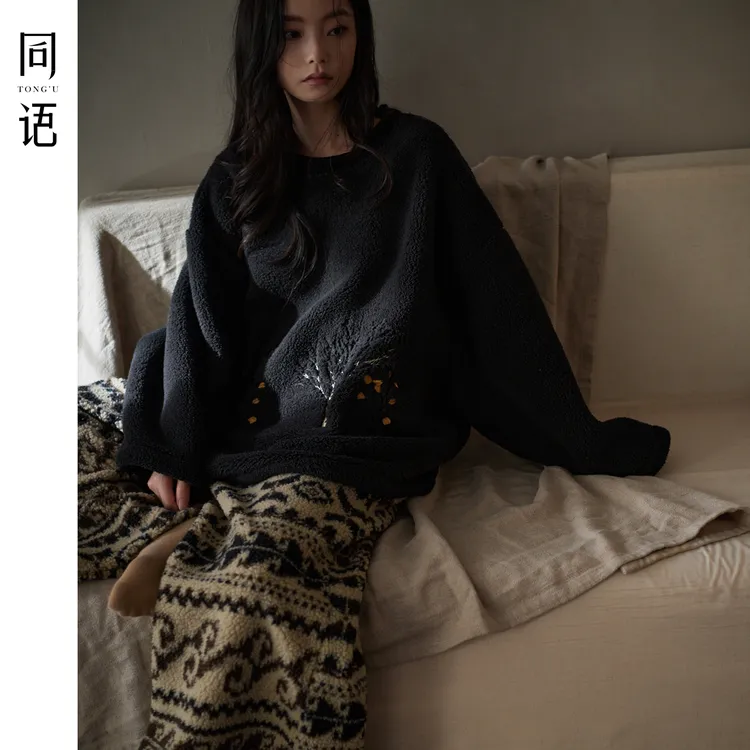 同语羊羔绒睡衣女可外穿秋冬季加厚长袖刺绣国风珊瑚绒套装家居服