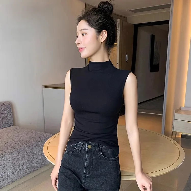 猫人半高领螺纹背心女夏外穿2025新款内搭打底衫无袖紧身黑色吊带