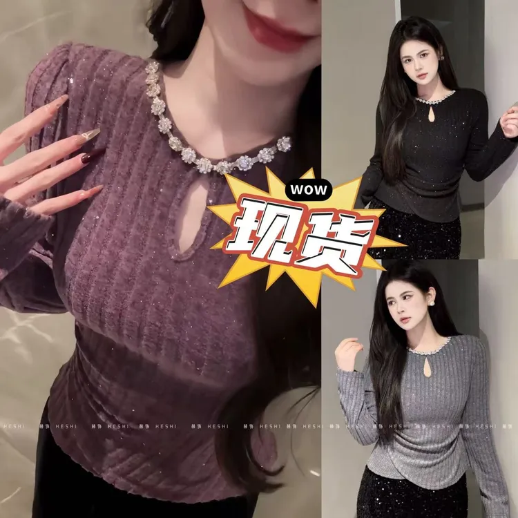 赫饰【今晚发】大码胖MM2025冬季微胖遮肉气质磨毛闪片上衣11003D