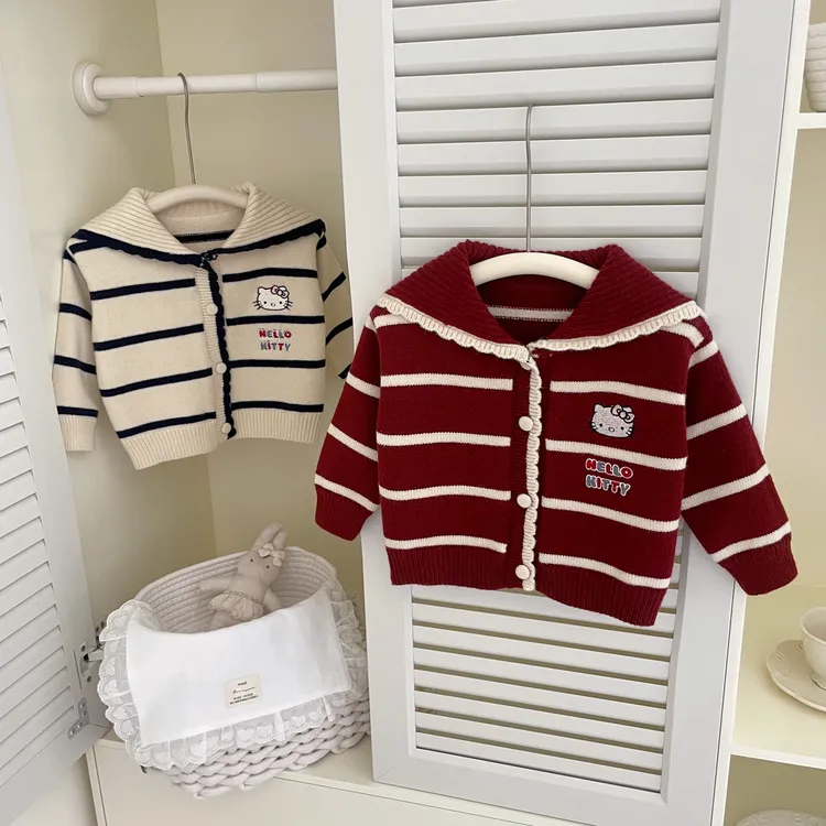 田小苏 秋冬款女童条纹海军领加厚卡通开衫毛衣