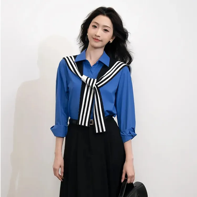 大码设计感条纹披肩长袖衬衫女秋季新款蓝色衬衣胖MM遮肉显瘦上衣