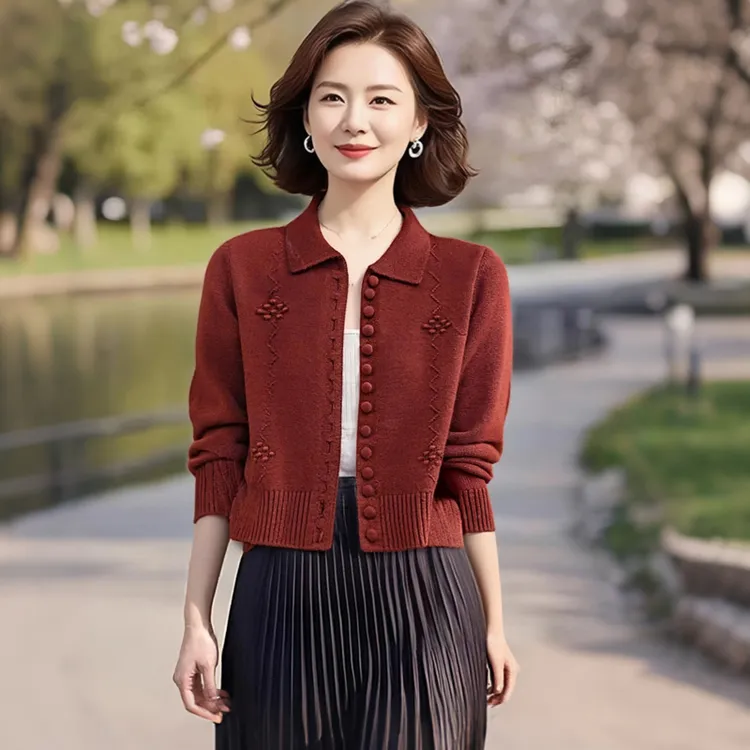 安可拉红洋气时尚高腰短款上衣气质百搭翻领针织开衫毛衣外套女