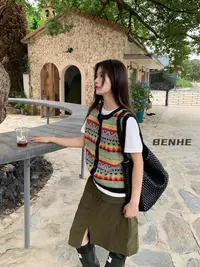 温柔瑶-BEN秋款福利#复古“羊毛”撞色波西米亚风马甲#88068