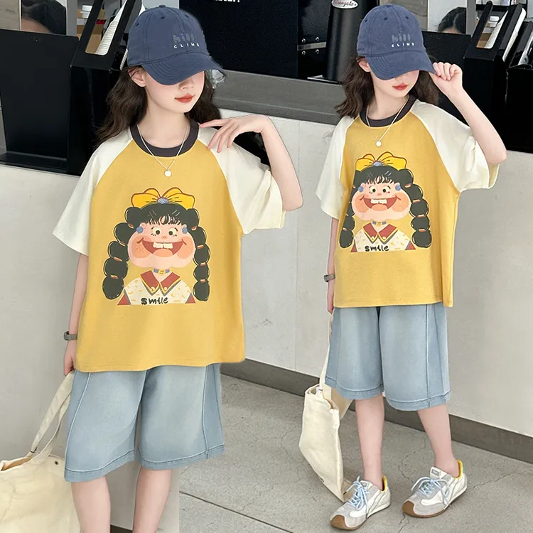 女童夏季套装2025新款女孩洋气大童儿童夏装拼色短袖t恤牛仔短裤