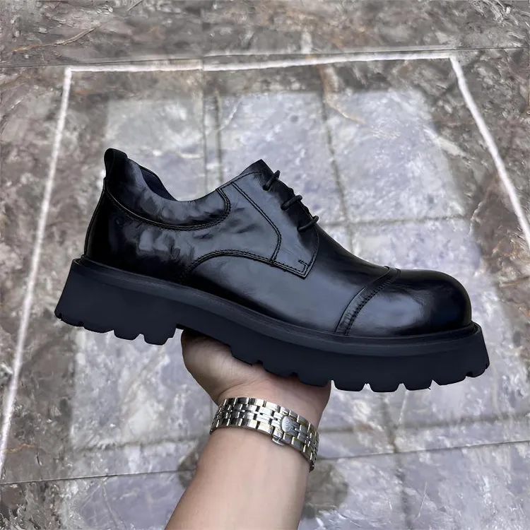 商务正装男鞋秋季新款大头皮鞋纯皮厚底增高系带圆头轻便休闲皮鞋