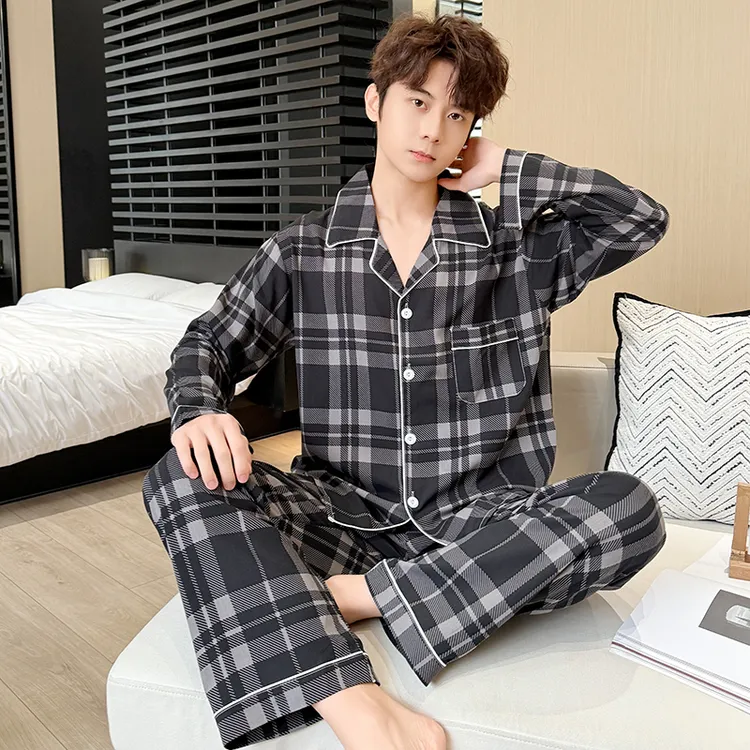 2025新款男士薄款绵绸睡衣大码宽松版长袖开衫家居服套装薄款