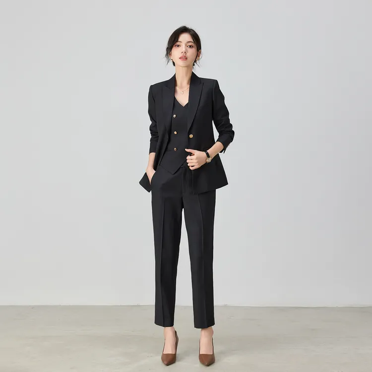 春秋新款高级感黑色金属扣职业西装套装正装商务西服工作装三件套