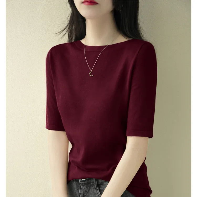 新款显瘦中袖上衣女薄款早秋季一字领百搭套头宽松针织衫服装