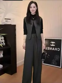 W232 一整套韩系穿搭高级感打底衫马甲阔腿裤腰带四件套