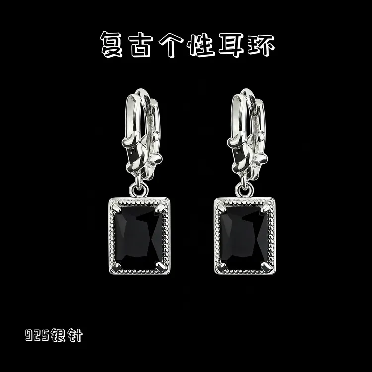 铜合金锆石耳饰 925银针复古黑色高级轻奢气质耳环百搭个性DZ407