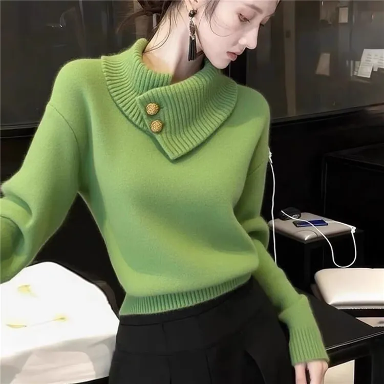 法式高级感牛油果绿色高领毛衣女冬季加厚保暖内搭针织衫小众上衣