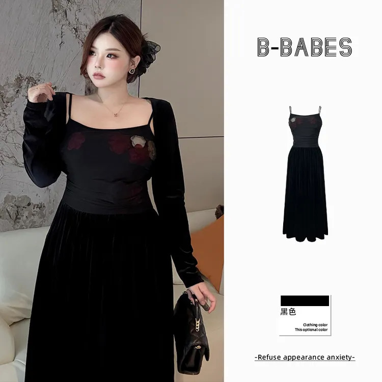 B-babes【花颜悦色】网纱拼接丝绒连衣裙高定款微胖显瘦设计礼服裙
