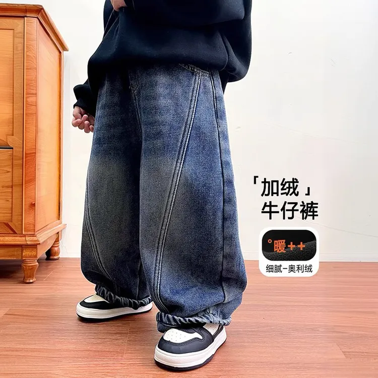 男童冬装加绒裤子冬季新款儿童一体绒牛仔裤中小童休闲长裤弯刀裤
