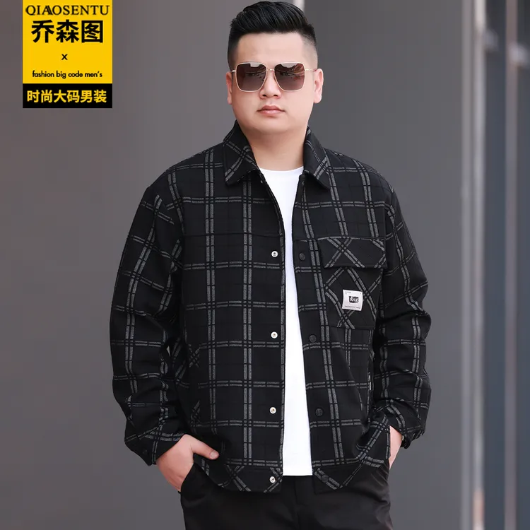 秋冬特大码男士夹克衫加肥加大胖子肥佬宽松休闲格子茄克外套上衣