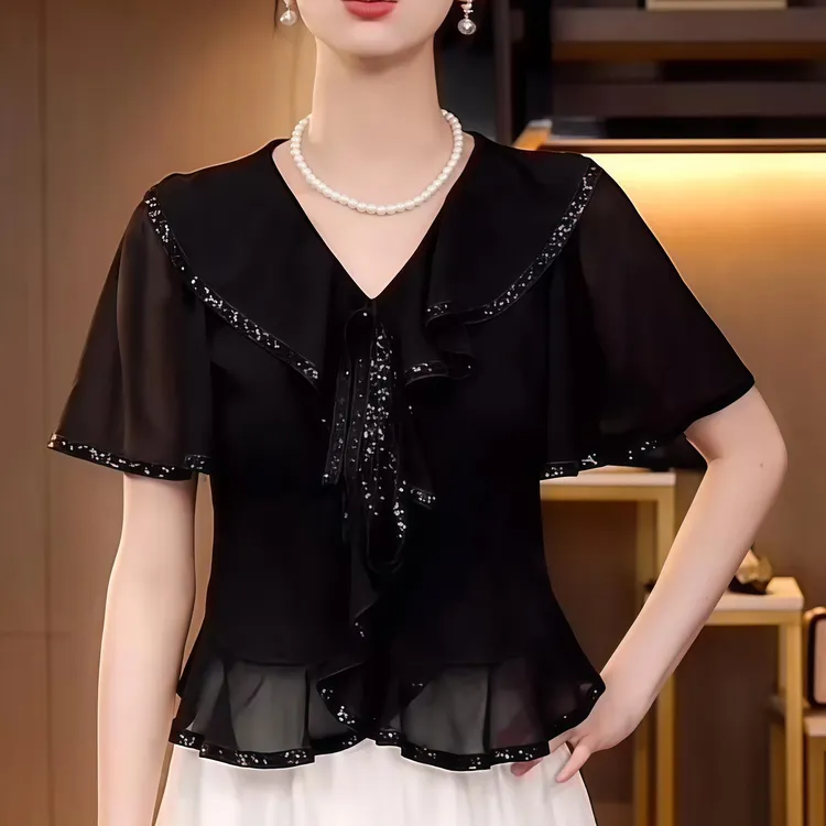 2025夏季新款法式亮片荷叶边小衫女设计感V领修身气质显瘦女上衣