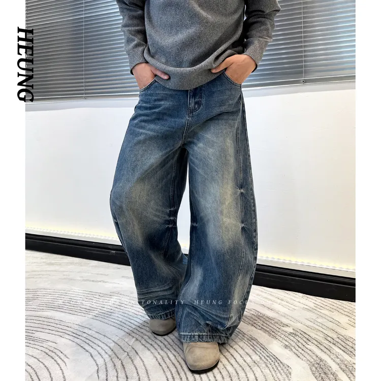 HEUNG  美式复古弯刀廓形拼接牛仔裤小众感水洗蓝阔腿潮流长裤男