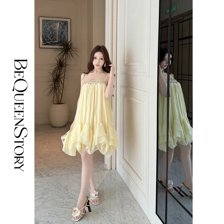 BeQueenStory【私有浪漫】2025人棉浪漫俏皮氛围感荷叶边吊带裙