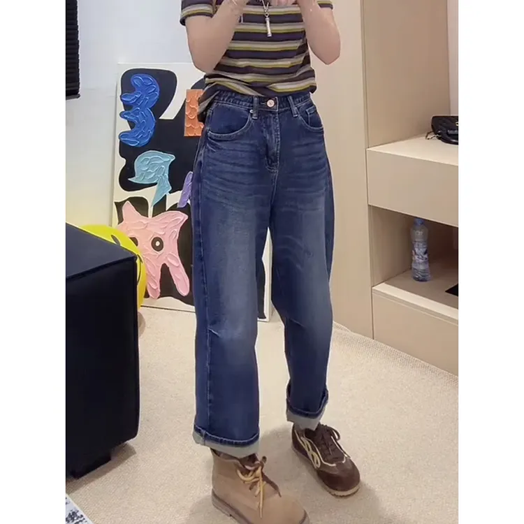 秋冬新款百搭高腰显瘦捏褶九分奶奶裤女小个子时尚大码直筒牛仔裤