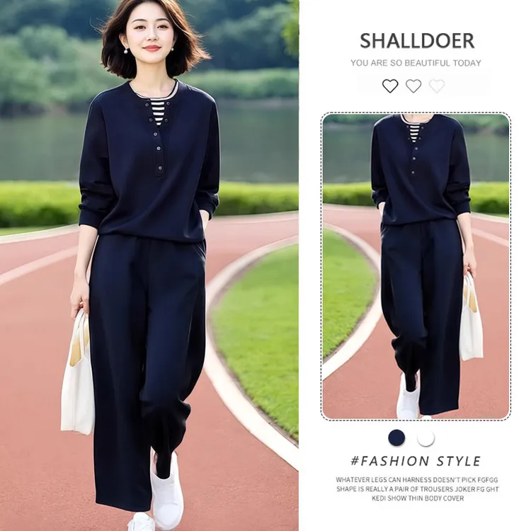 2025新款撞色假两件上衣设计感休闲裤两件套女显瘦气质套装