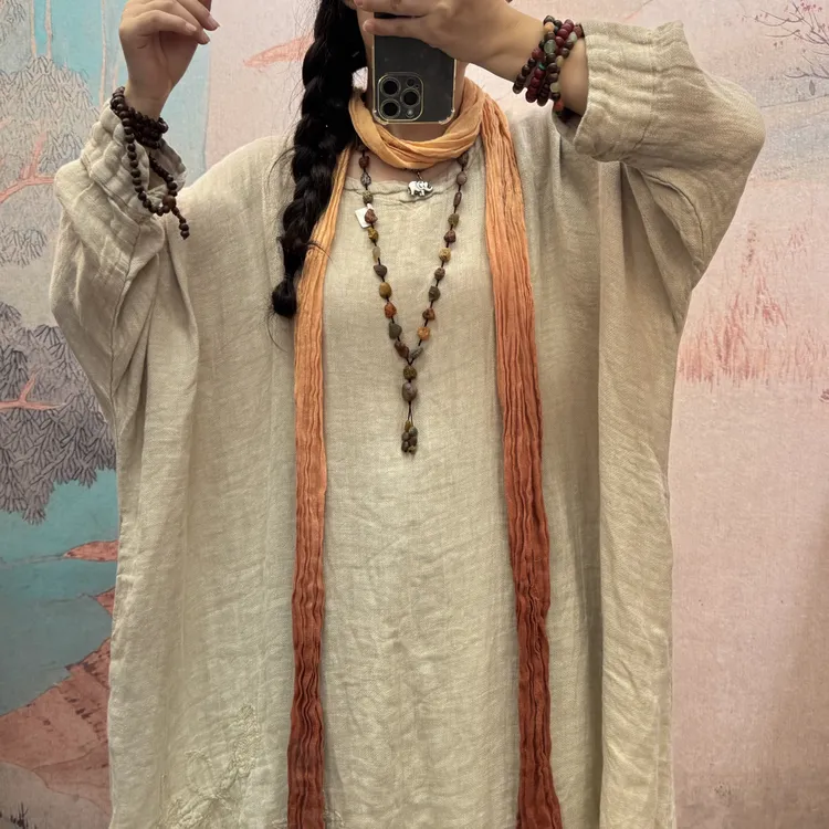 9112原创 文艺高端乱纹稀疏亚麻 砂洗宽松刺绣渐变秋季厚连衣裙