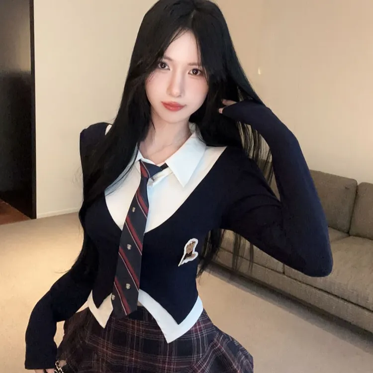 学院风jk制服套装女秋冬季假两件t恤纯欲性感长袖上衣高腰蓬蓬裙