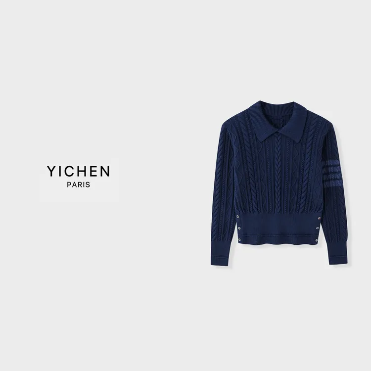 YC 墨蓝色经典四杠翻领绞花针织毛衣-2965