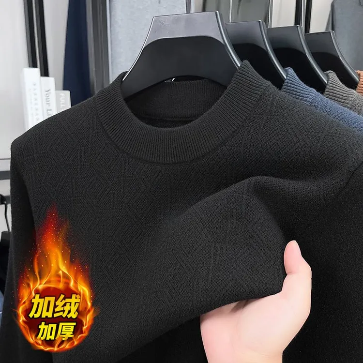 秋冬新款加绒加厚毛衣男士圆领保暖长袖休闲外穿男2025潮牌针织衫