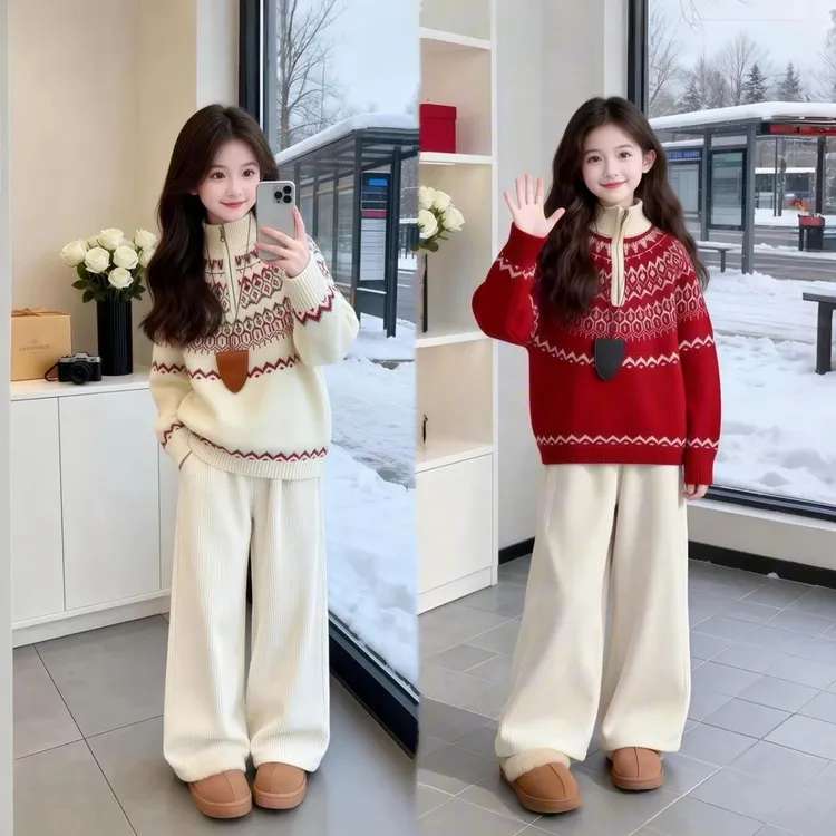 女童亲子费尔岛半高领拉链红色毛衣2025冬季新款针织衫套装潮年服