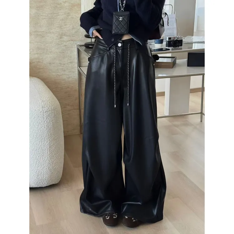 SP【高个子专属】韩版抽绳中腰顶胯百搭阔腿拖地PU皮裤休闲阔腿皮裤