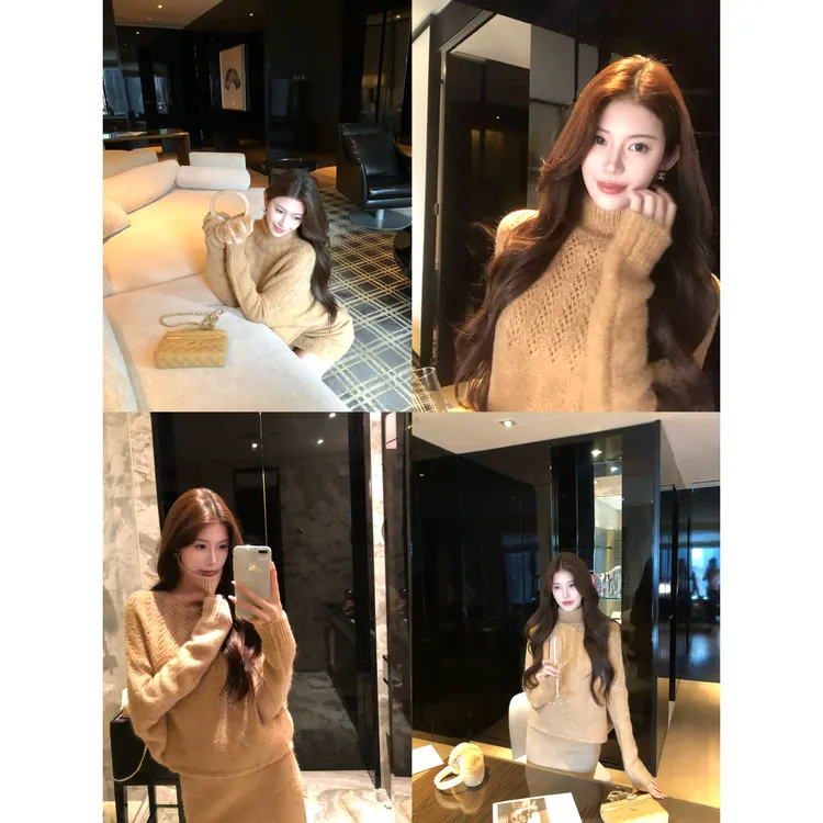 【禾呈】冬季保暖上下套装显瘦高长袖针织衫保暖半身裙套装女10848