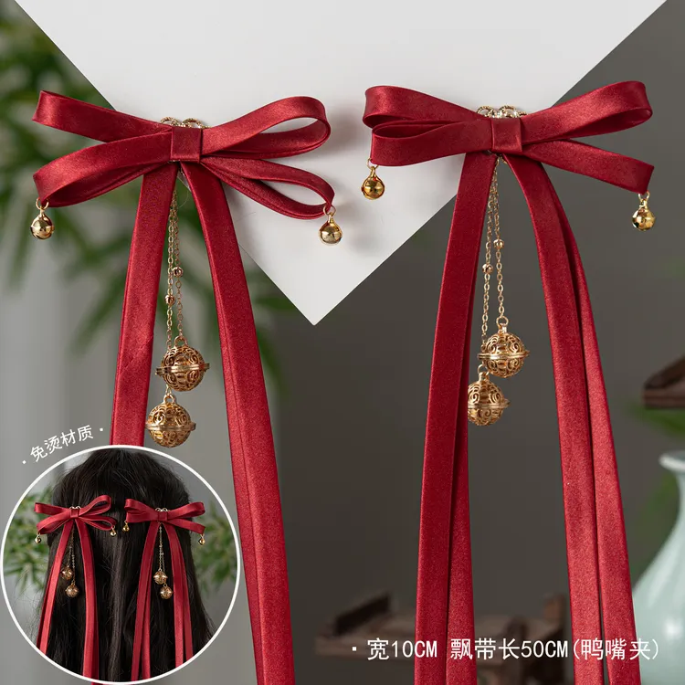 春亦轩新年红岁结长飘带对夹发饰喜庆免烫材质蝴蝶结发夹头饰女