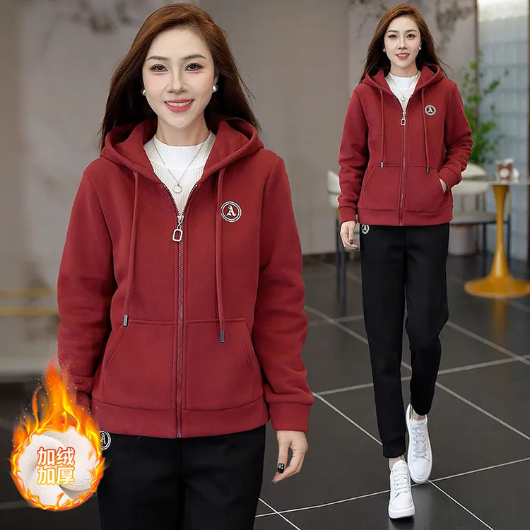 加绒运动服套装女秋冬2025新款小个子连帽卫衣加厚休闲服保暖外套