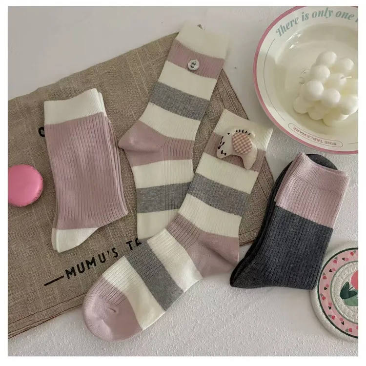女士新款长绒棉无骨灰粉蓝色系装饰女袜三双装