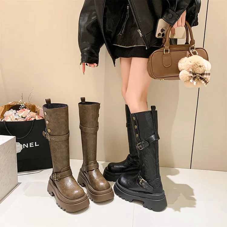 小众设计长筒靴女款2025秋冬新款美拉德复古英伦风厚底棕色骑士靴